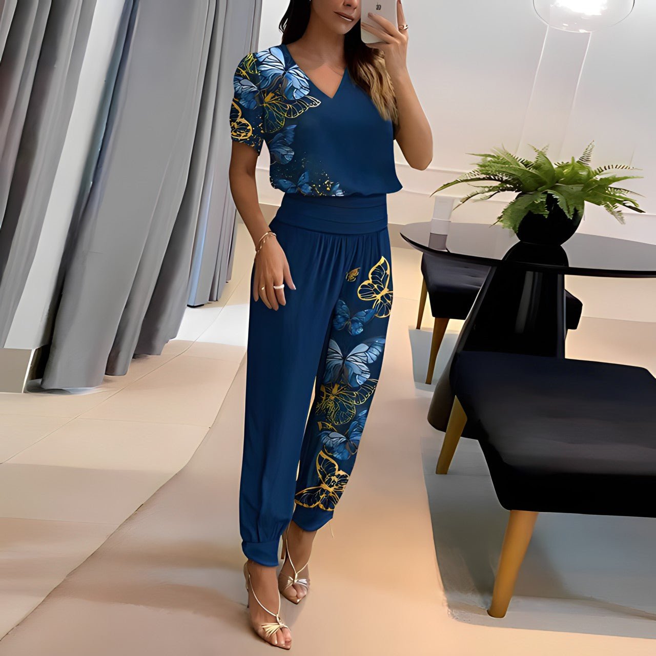 Chic Two-Piece Printed Pants and Short Sleeve Top Set