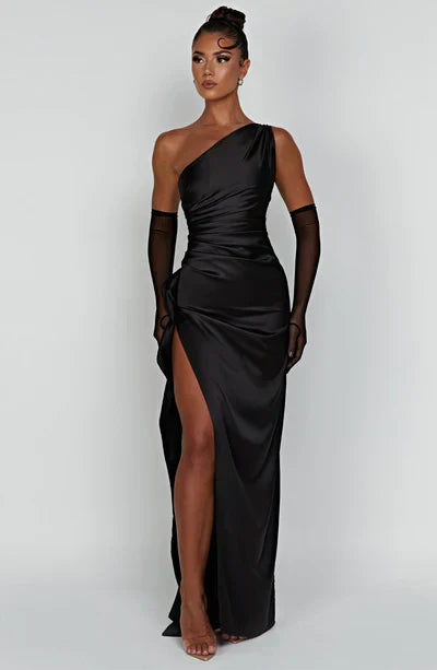 One-Shoulder Ruched Satin Maxi Dress with High Slit