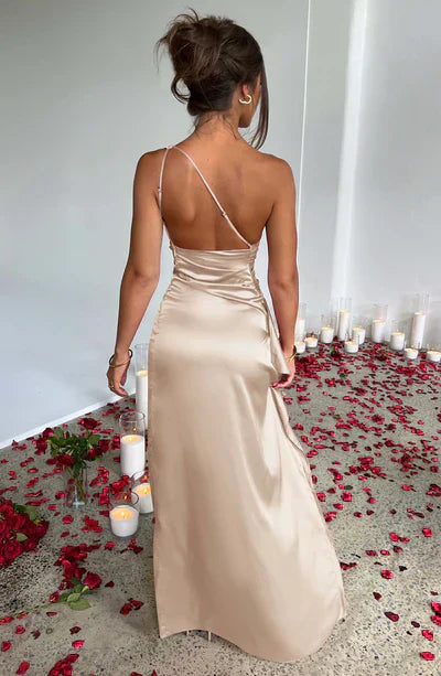 One-Shoulder Ruched Satin Maxi Dress with High Slit