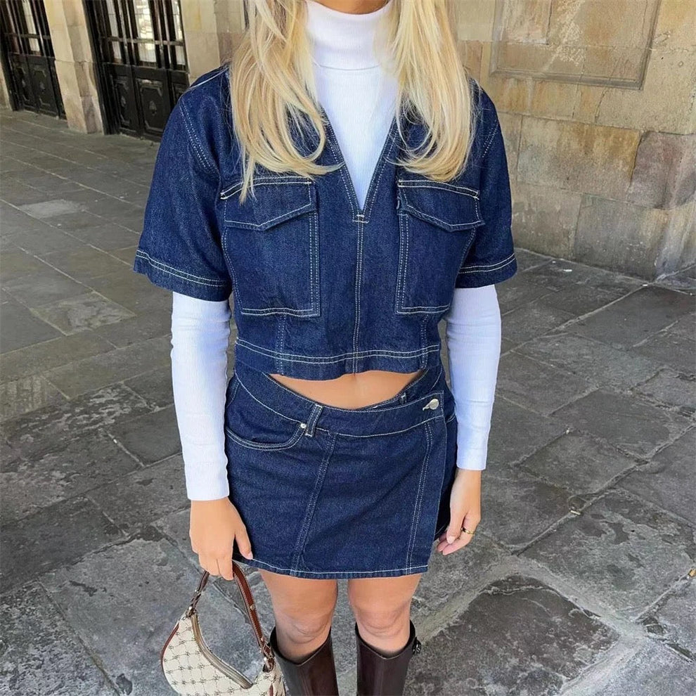 Denim Short Sleeve Crop Top and Mini Skirt Set