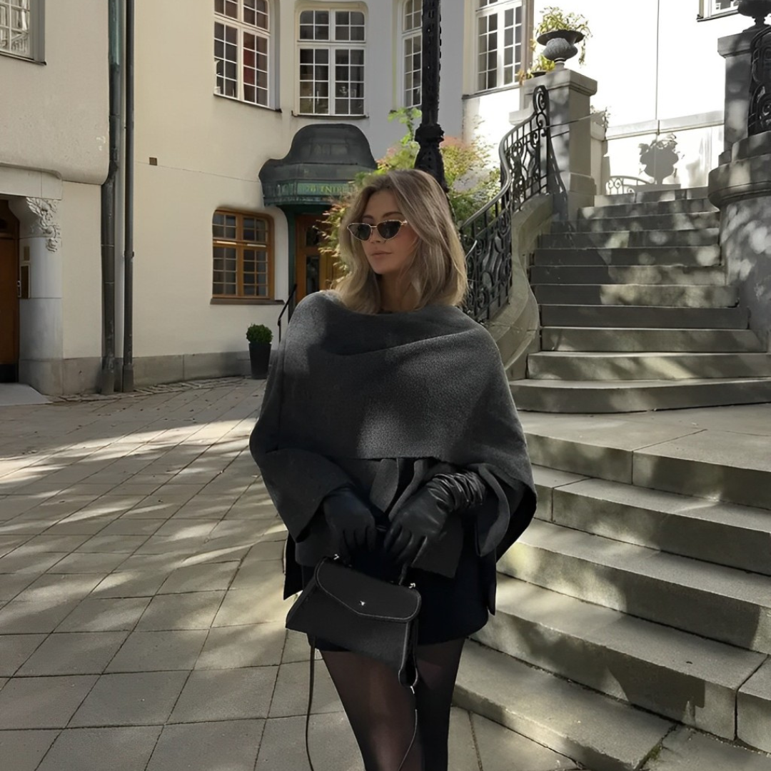 Elegant Wool-Blend Cape Poncho with Oversized Cowl Neck