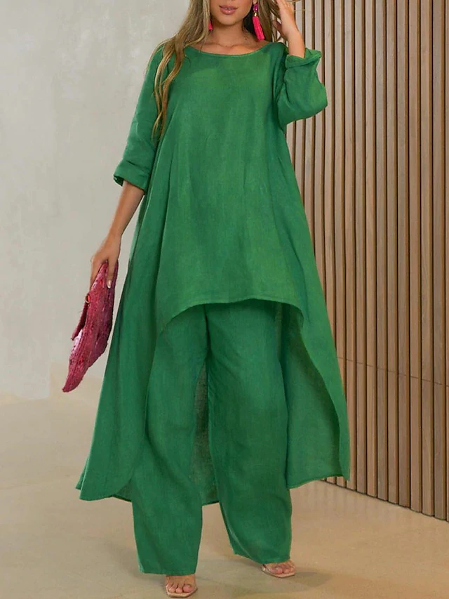 Elegant Asymmetrical Two-Piece Tunic and Wide-Leg Pants Set