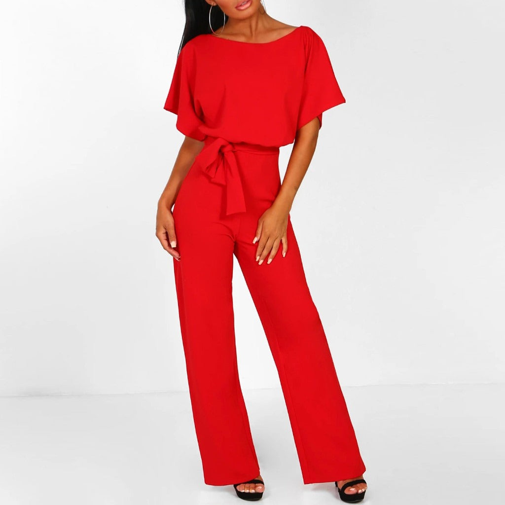 Short-Sleeve Belted Wide-Leg Elegant Women’s Jumpsuit