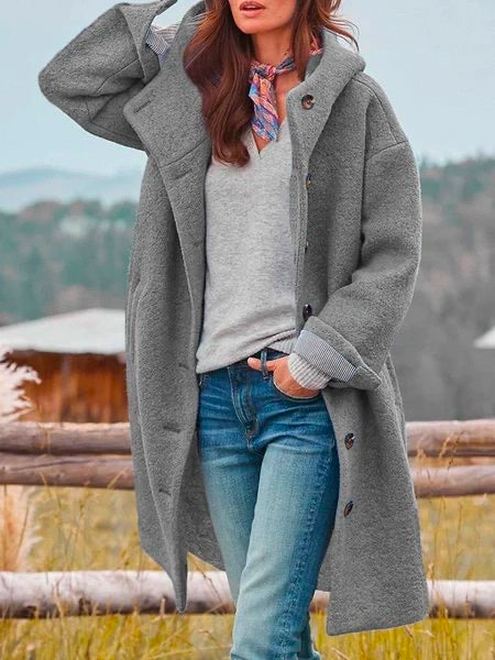 Cozy Button-Front Hooded Fleece Long Coat