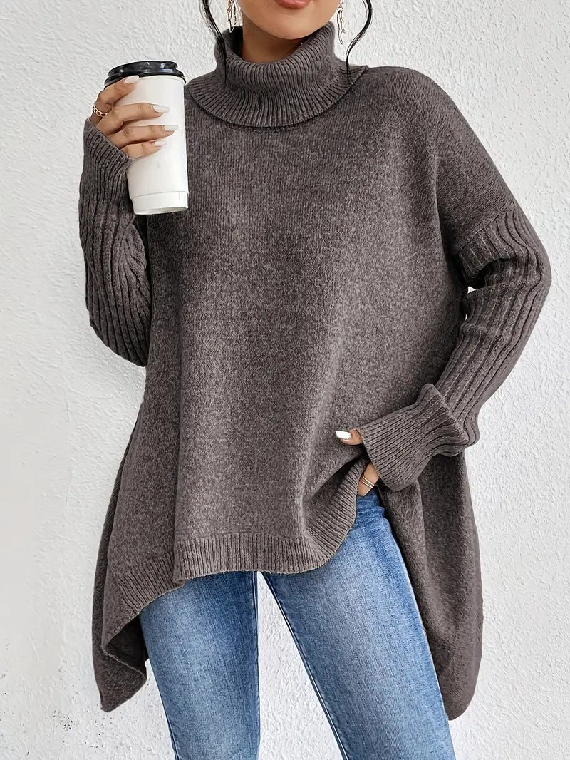 Relaxed Turtleneck Knit Sweater with Side Slit Detail