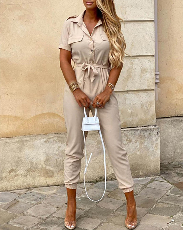 Casual Short-Sleeve Belted Jumpsuit with Tapered Legs