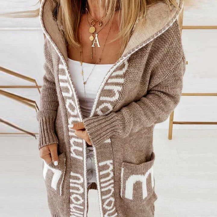 Women’s Hooded Long Knit Cardigan with Letter Design
