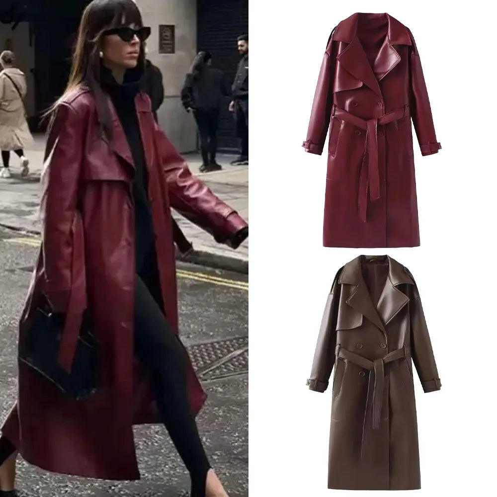 Long Faux Leather Trench Coat for Women