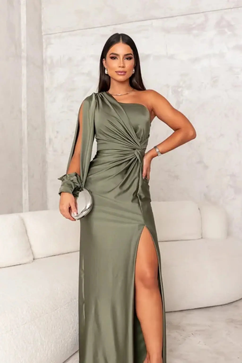 One Shoulder Satin Draped Maxi Evening Dress