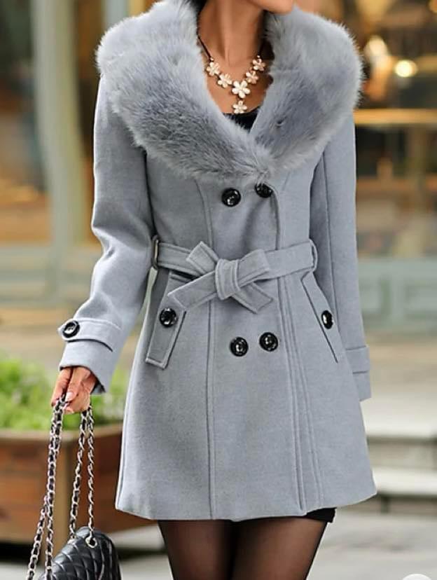 Elegant Double-Breasted Faux Fur Collar Coat for Women