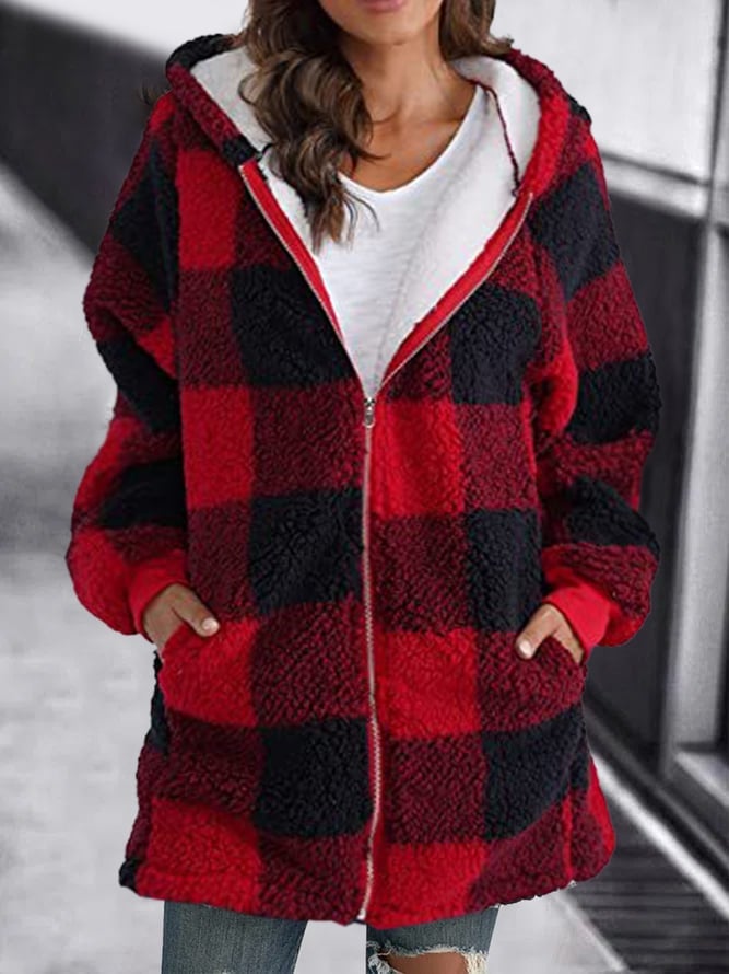 Plaid Sherpa Fleece Hooded Zip Jacket