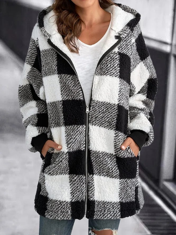 Oversized Fleece jacket with plaid hood and zipper