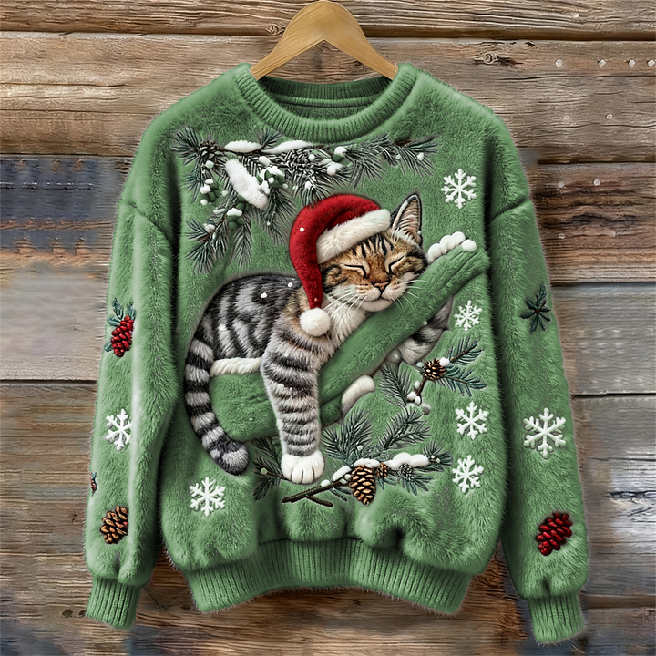 Festive Christmas Cat Knit Sweater with Santa Hat