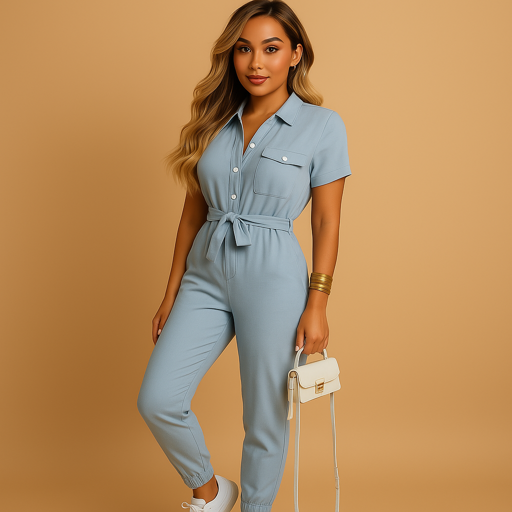 Short Sleeve Utility Belted Jumpsuit