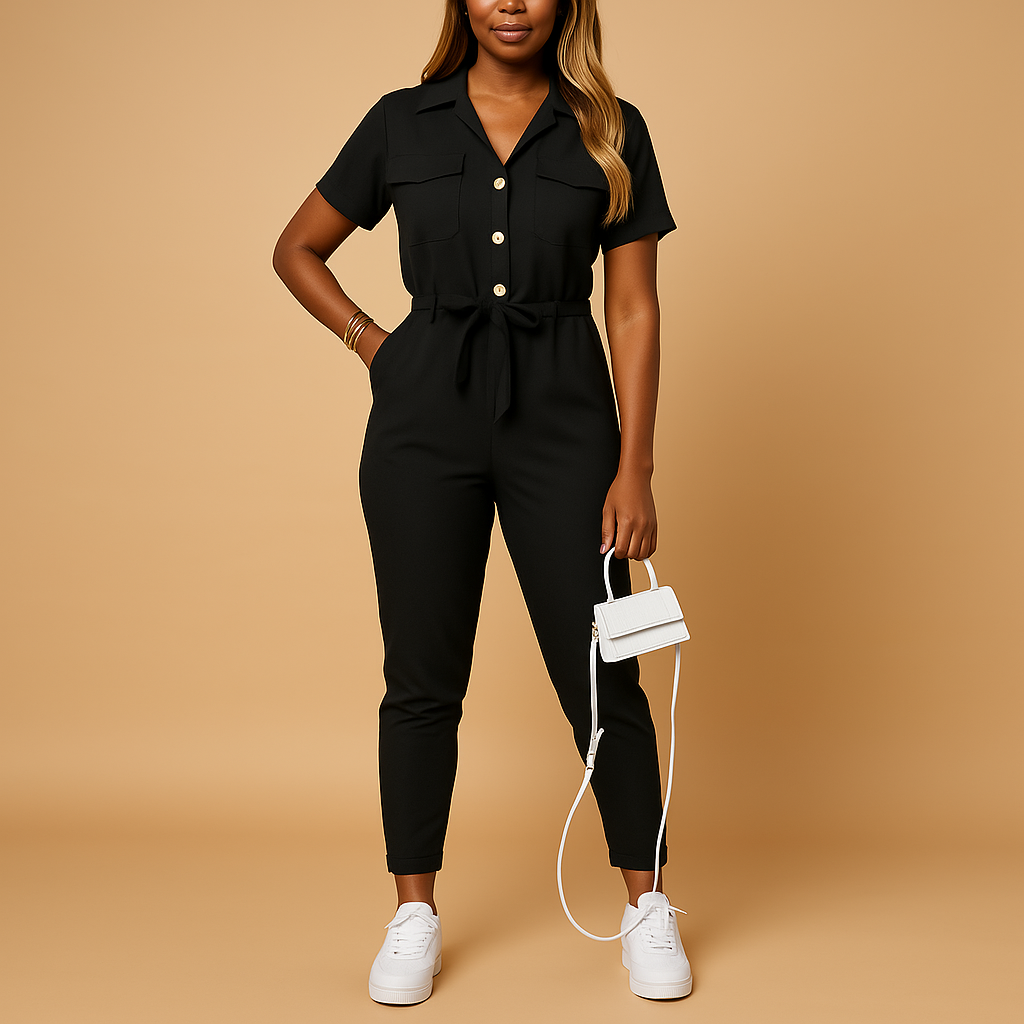 Short Sleeve Utility Belted Jumpsuit