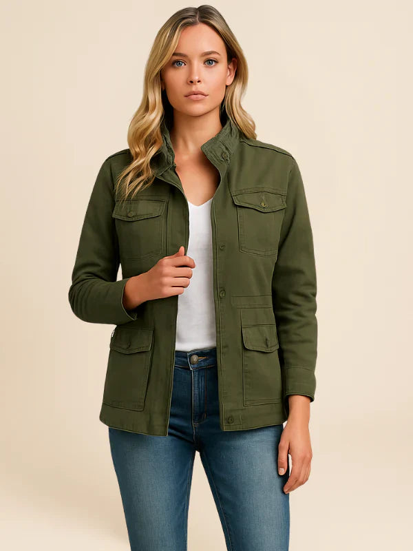 Women’s Casual Utility Jacket with Zipper and Pockets