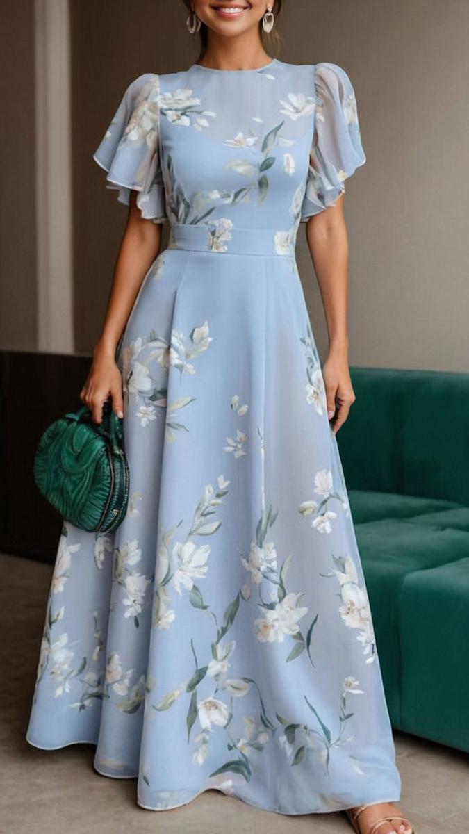 Elegant Floral Flutter Sleeve A-Line Maxi Dress