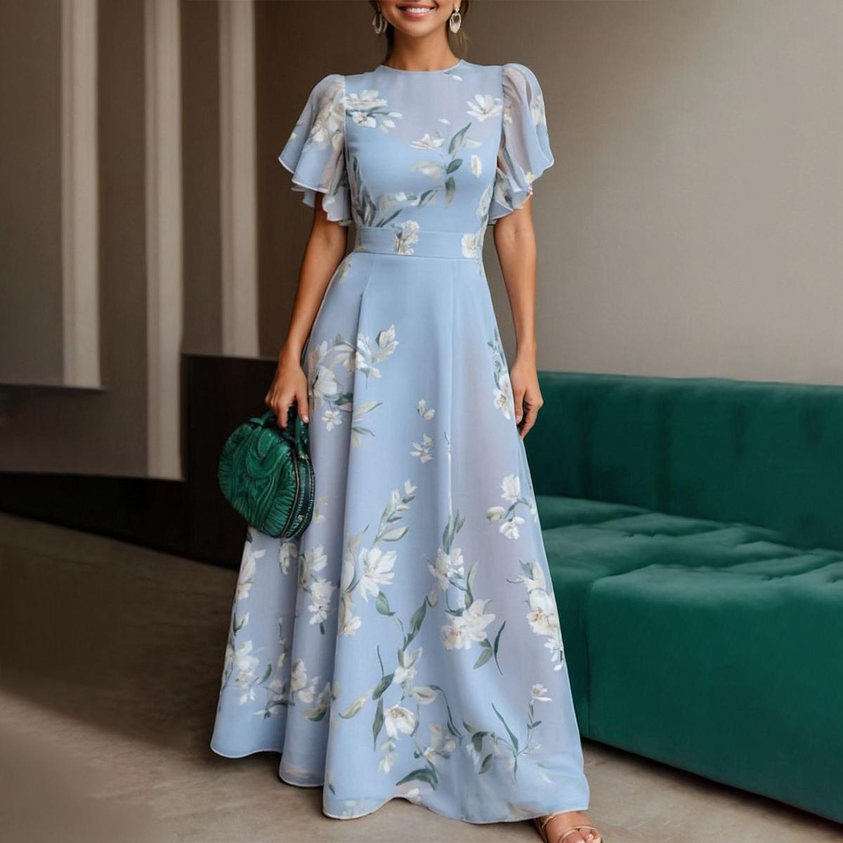 Blue Floral Flutter Sleeve Maxi Dress