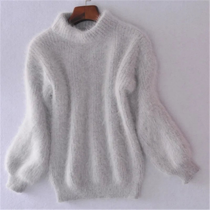Soft Fluffy Mock-Neck Cozy Knit Sweater