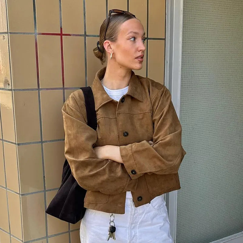 Suede Cropped Button Jacket for Women