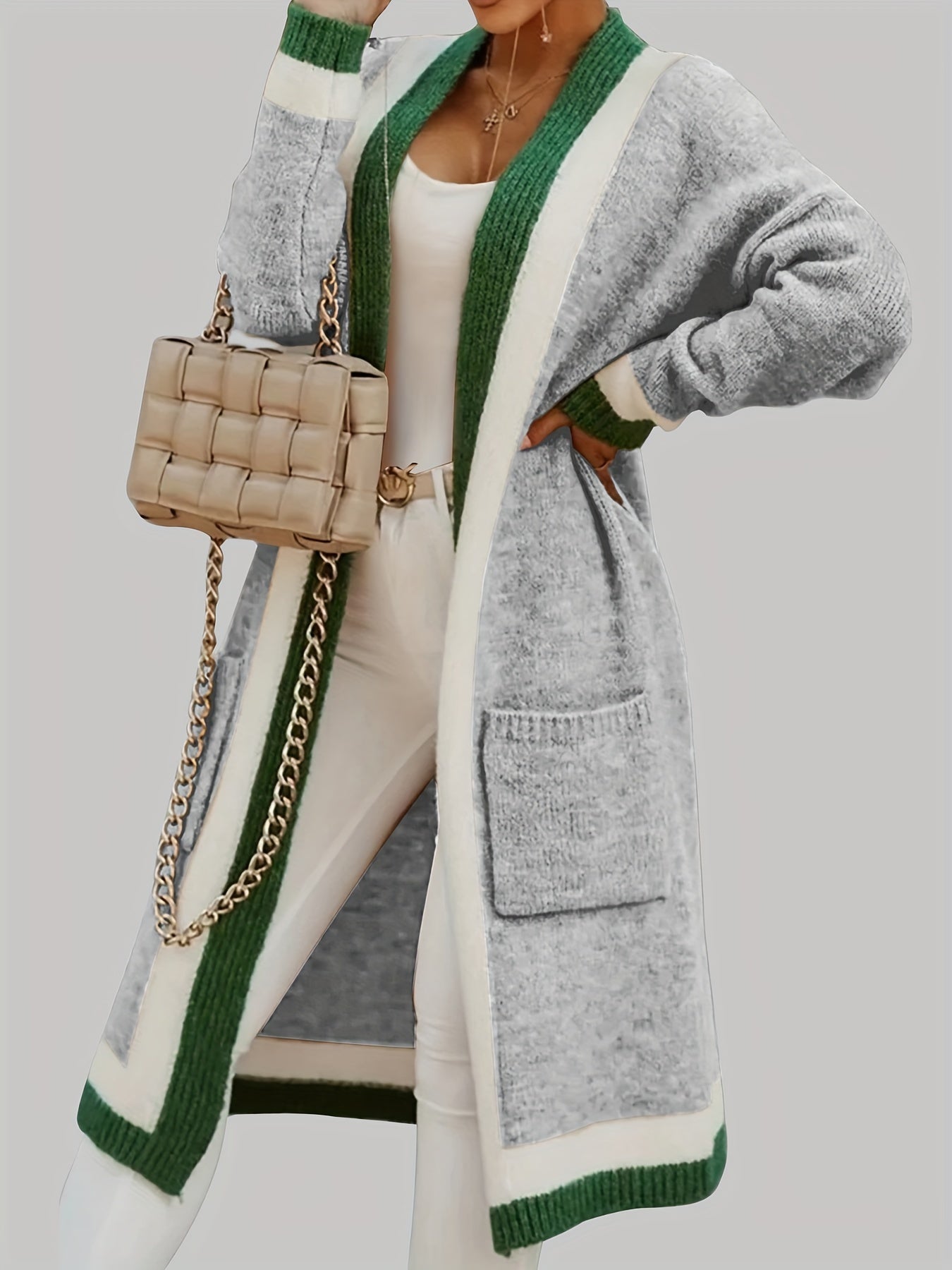 Women’s Long Striped-Trim Open-Front Knit Cardigan
