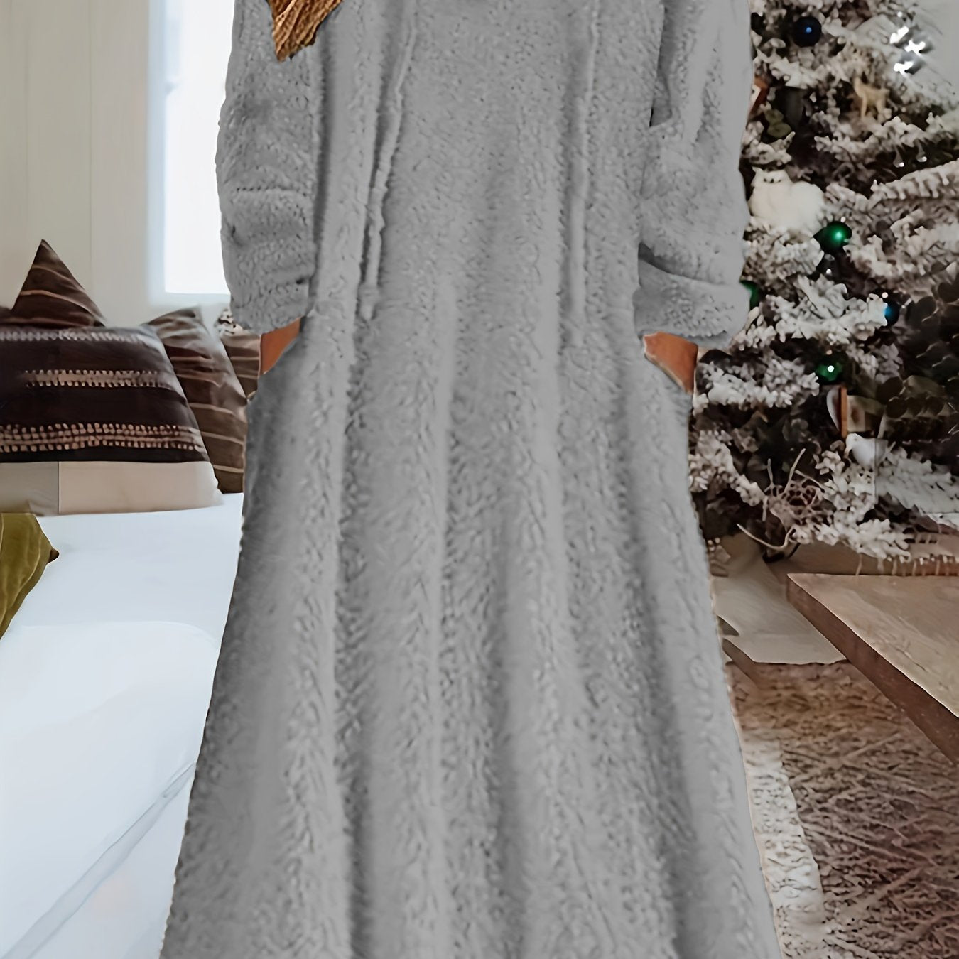 Long Sleeve Hooded Fleece Maxi Dress for Cozy Comfort