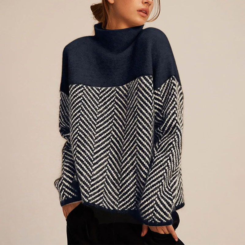 Cozy Two-Tone Chevron Knit Sweater with High Neck