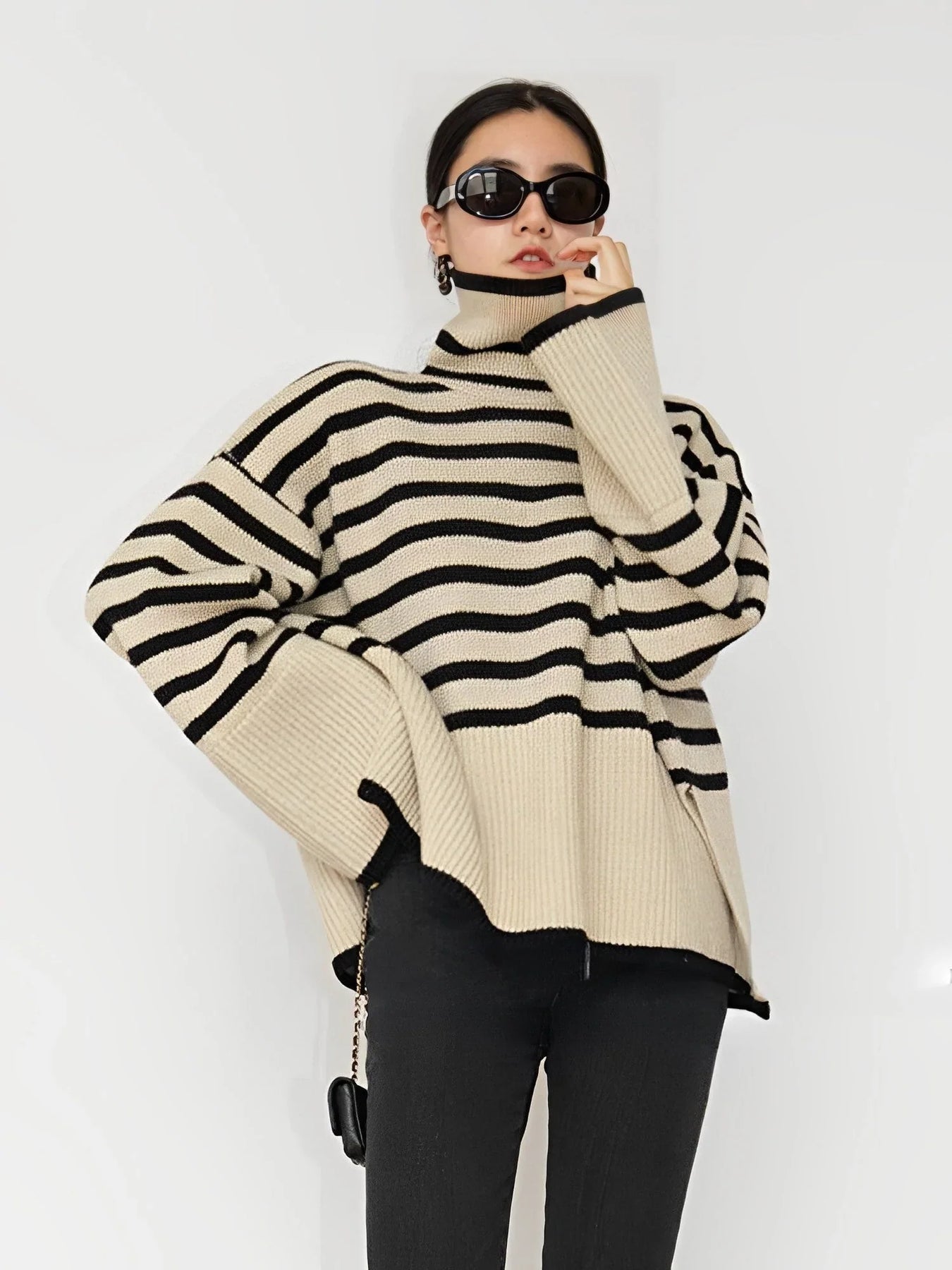 Striped Turtleneck Oversized Knit Sweater – Cozy Winter Pullover