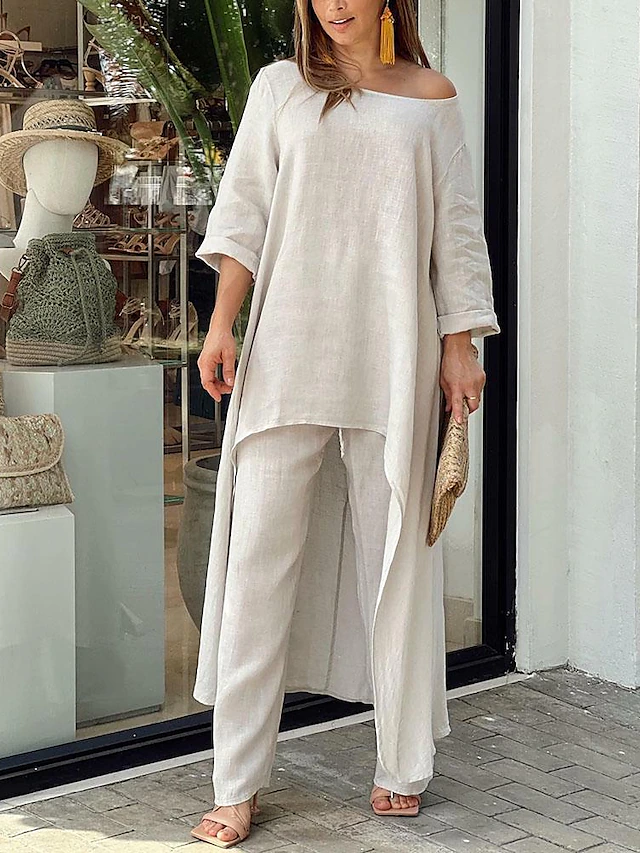 Elegant Asymmetrical Two-Piece Tunic and Wide-Leg Pants Set