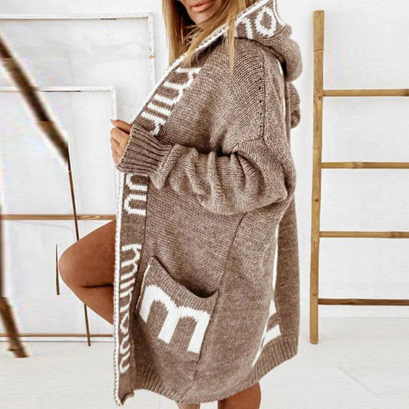 Women’s Hooded Long Knit Cardigan with Letter Design