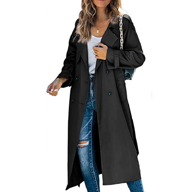 Women’s Long Double-Breasted Trench Coat with Belt