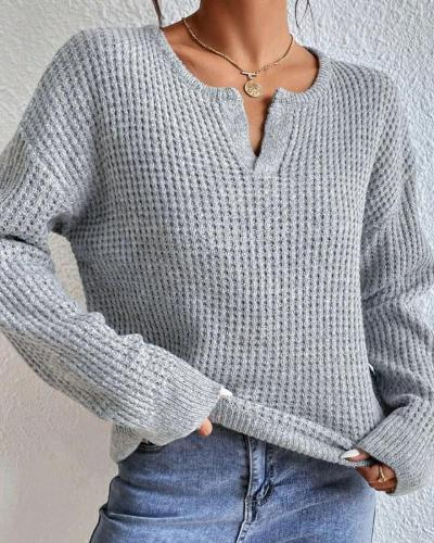 Women’s Waffle Knit Notch Neck Casual Sweater