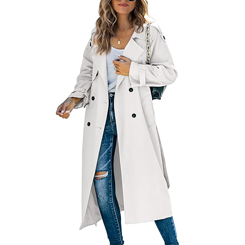 Women’s Long Double-Breasted Trench Coat with Belt