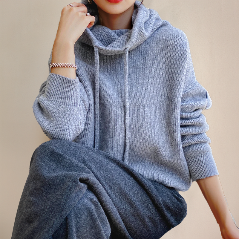 Relaxed Knit Hoodie Sweater with Drawstring Detail