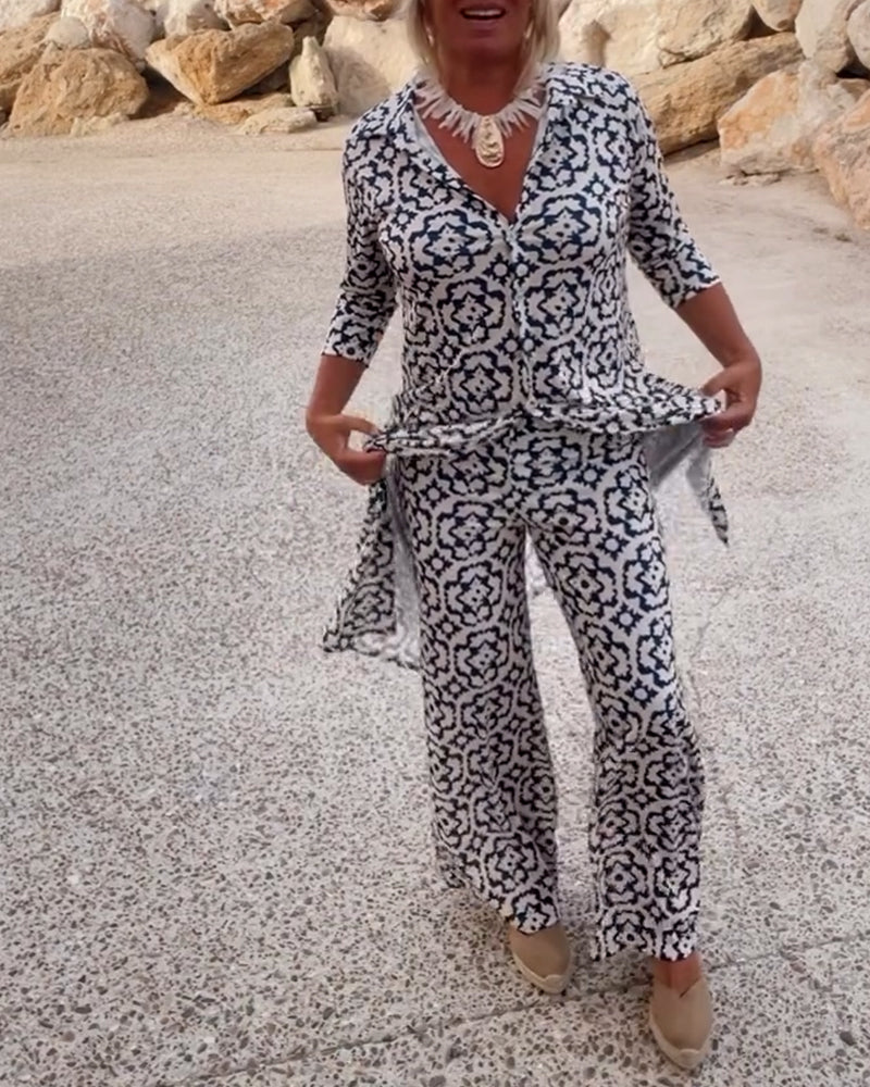 Printed Two-Piece Long Tunic Top and Wide-Leg Pants Set