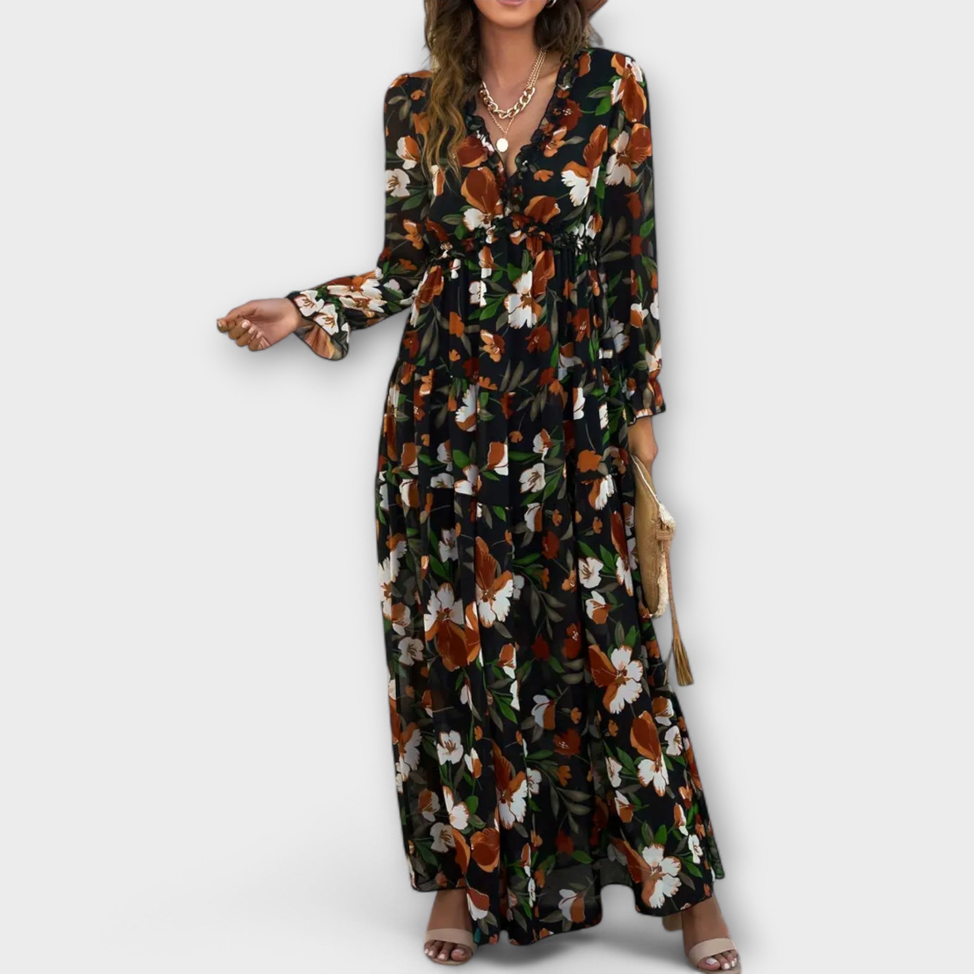 Long Sleeve Floral Maxi Dress with Flowy Boho Silhouette