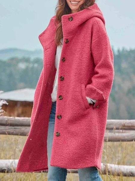 Cozy Button-Front Hooded Fleece Long Coat