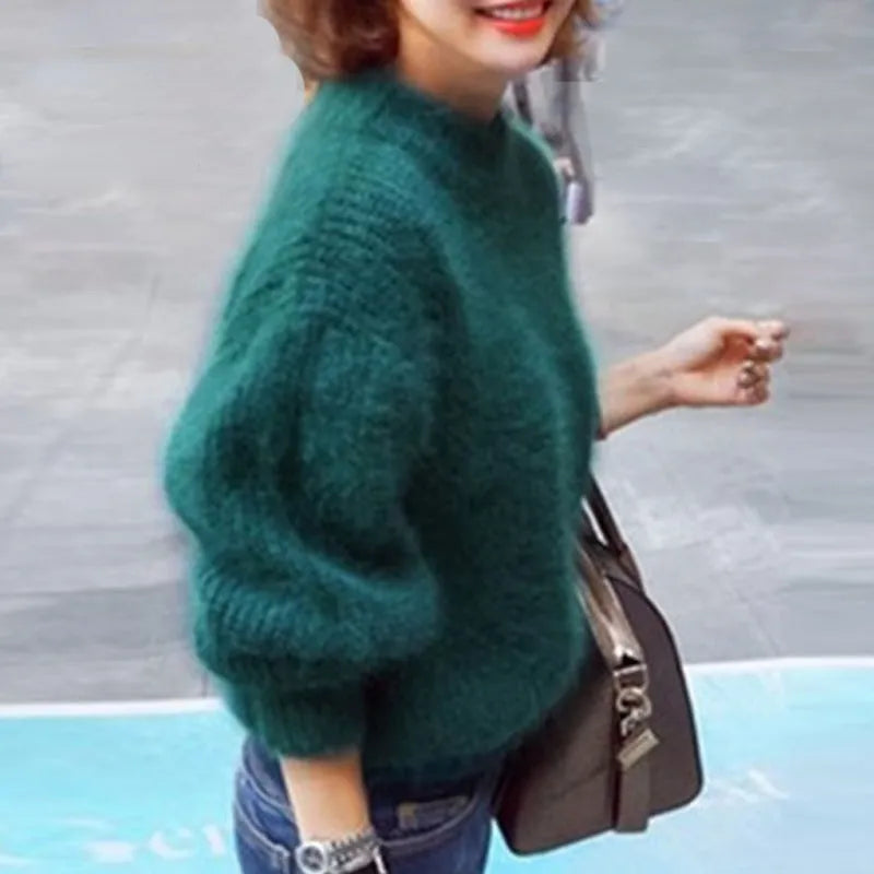 Soft Fluffy Mock-Neck Cozy Knit Sweater