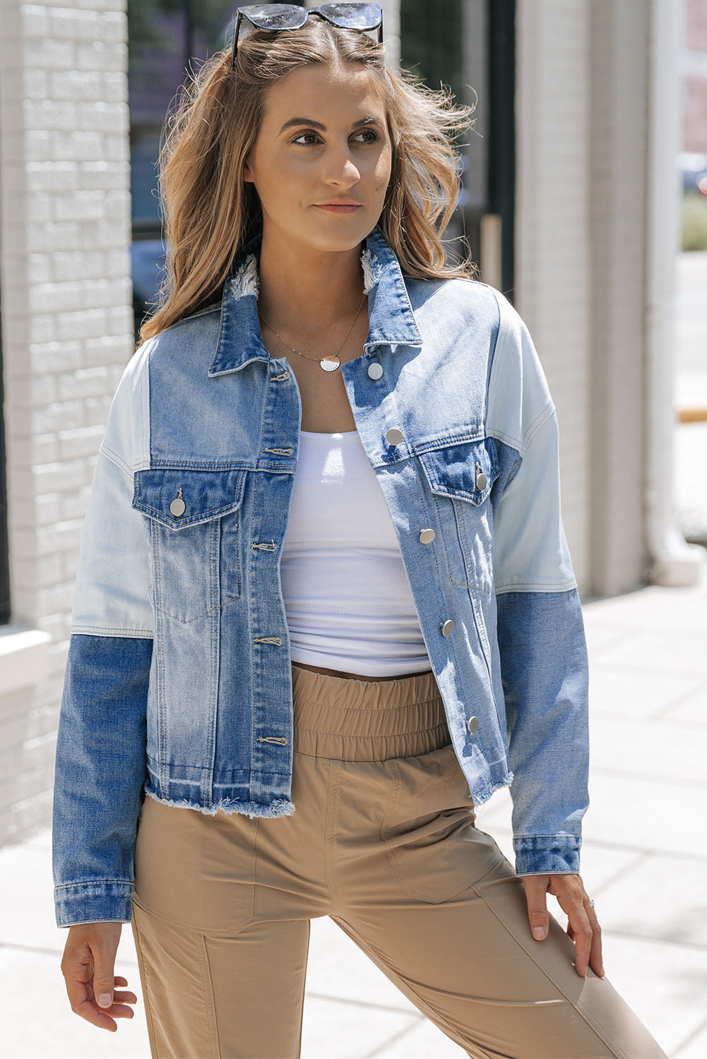 Women’s Two-Tone Denim Jacket – Stylish Colorblock Casual Jean Outerwear