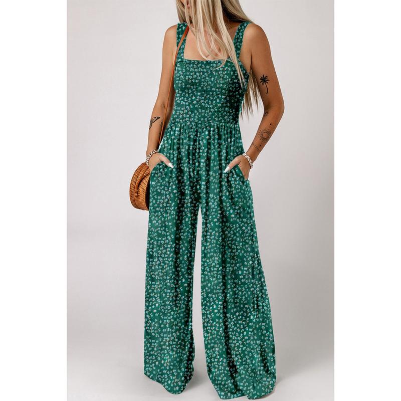Floral Wide-Leg Sleeveless Smocked Women’s Jumpsuit