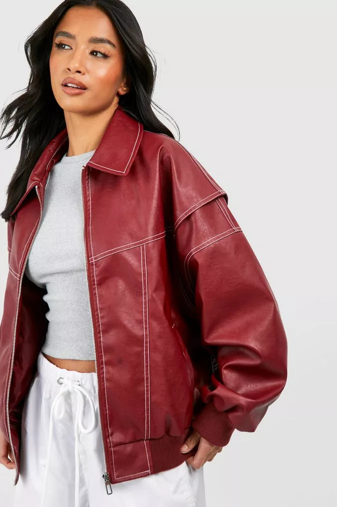 Oversized Faux Leather Bomber Jacket for Street Style Edge