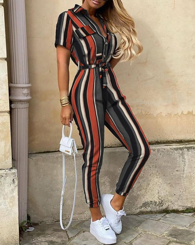 Casual Short-Sleeve Belted Jumpsuit with Tapered Legs
