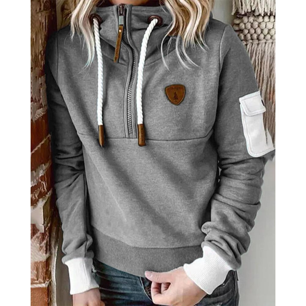 Women’s Contrast Patch Drawstring Casual Hoodie