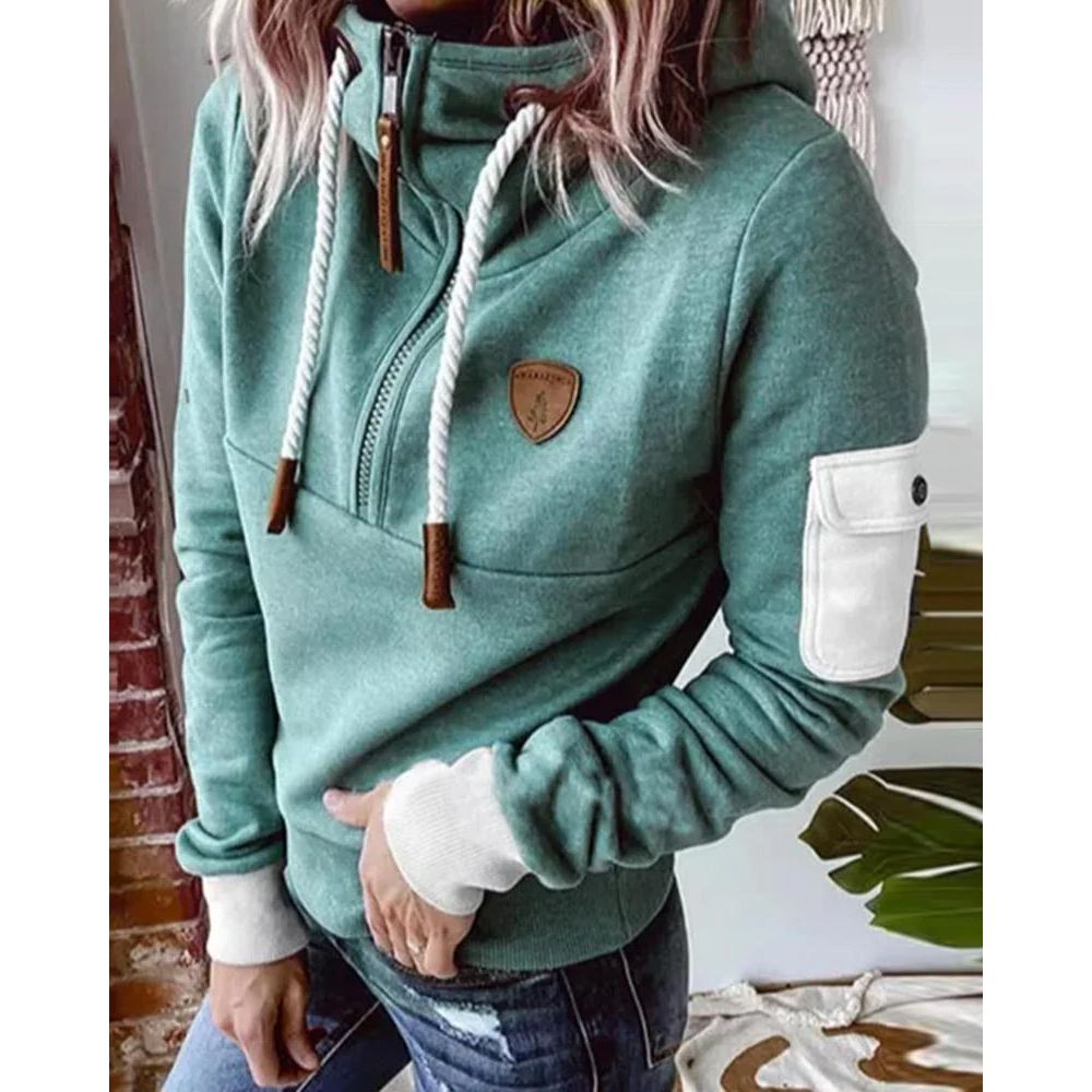 Women’s Contrast Patch Drawstring Casual Hoodie