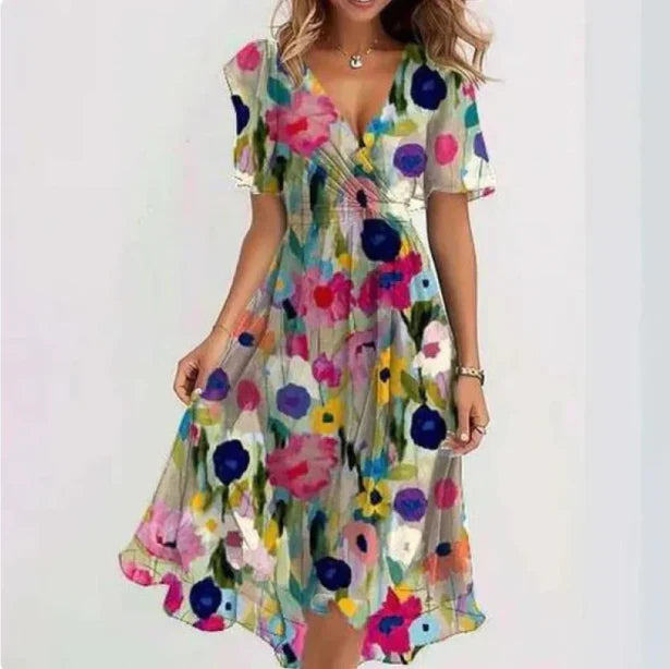 Floral Chiffon V-Neck Short Sleeve Midi Dress
