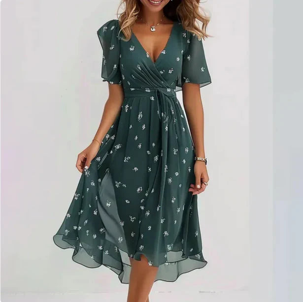 Floral Chiffon V-Neck Short Sleeve Midi Dress
