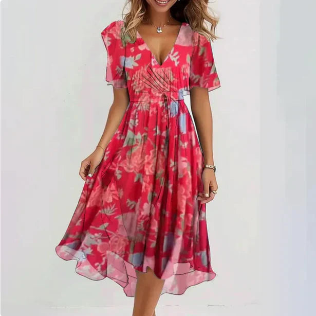 Floral Chiffon V-Neck Short Sleeve Midi Dress