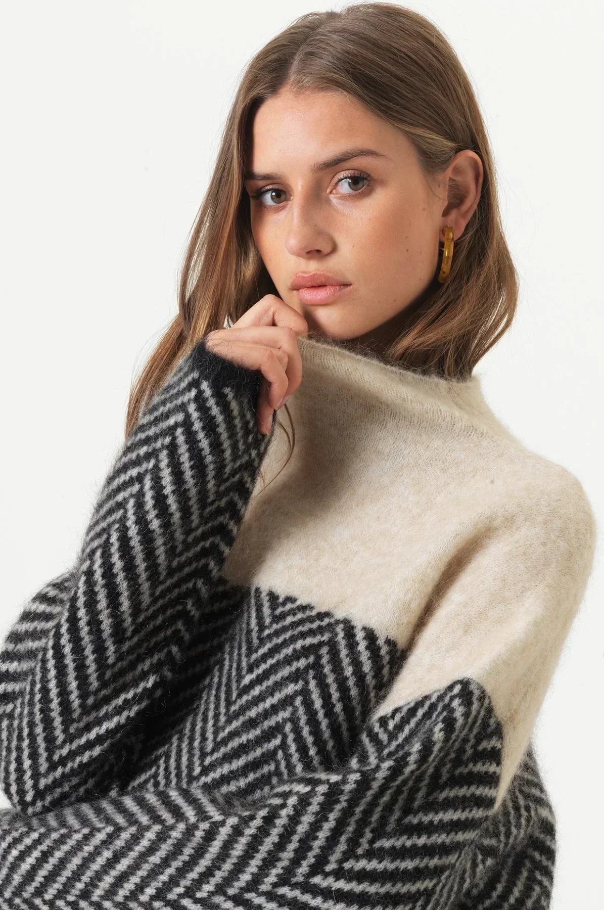 Cozy Oversized Chevron Knit Turtleneck Sweater