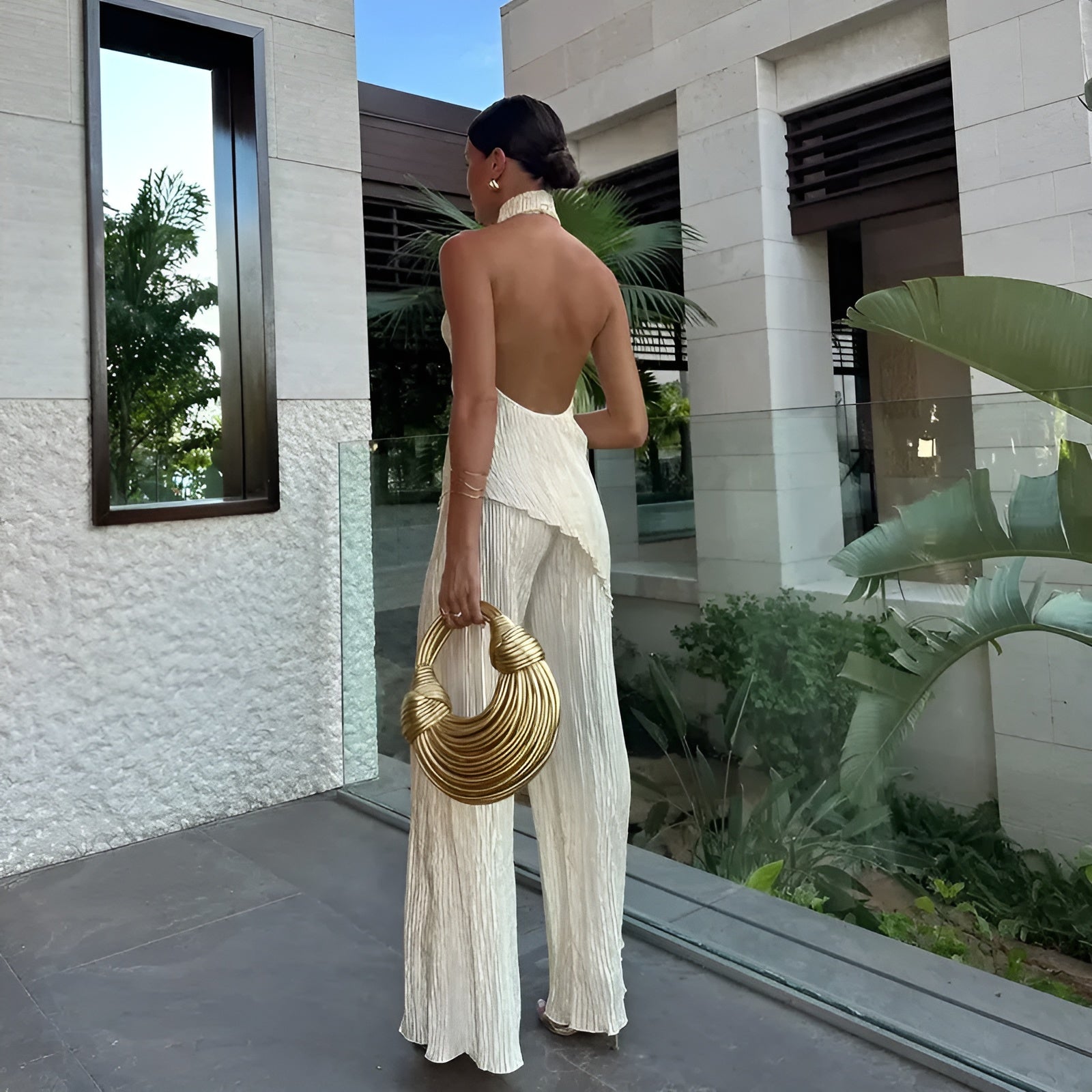 One-Shoulder Pleated Wide-Leg Jumpsuit