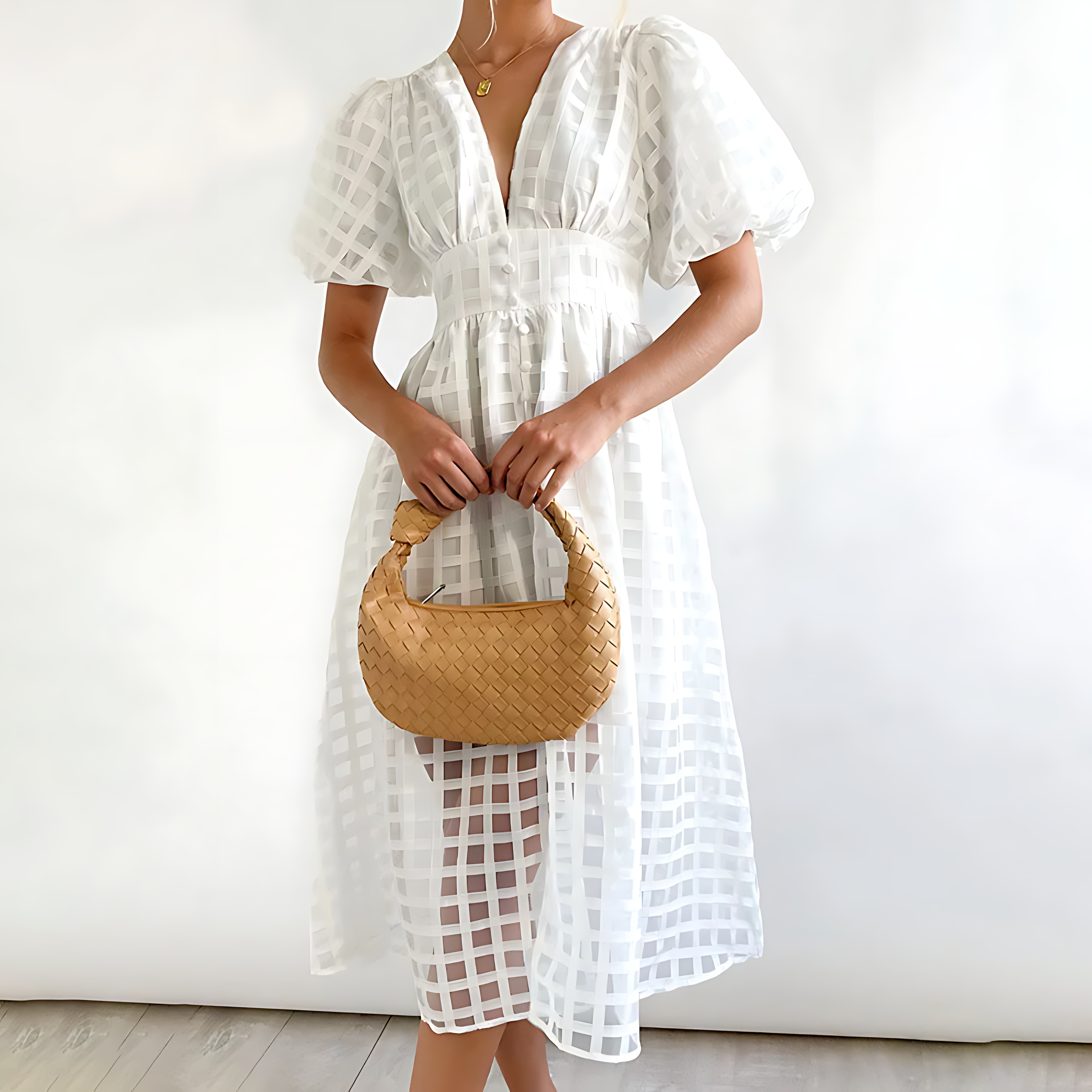 Checkered Puff Sleeve V-Neck Midi Dress